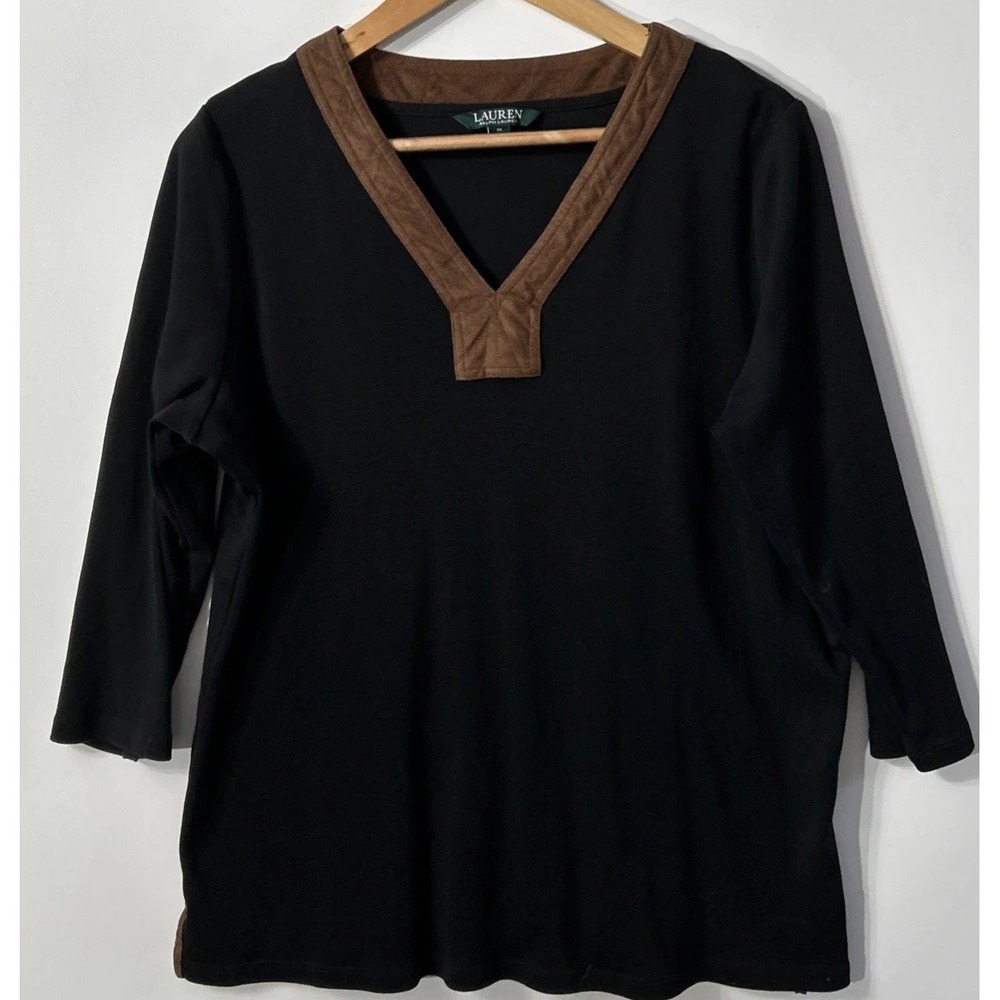 Women's Lauren Ralph Lauren Black Cotton V-Neck Top Faux Suede Trim 1X